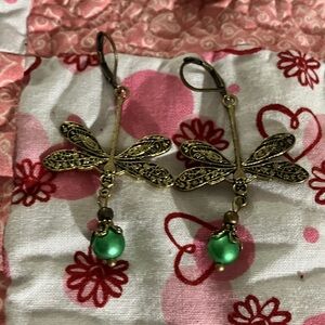 Vintage-Inspired Dragonfly Earrings with Green Beads